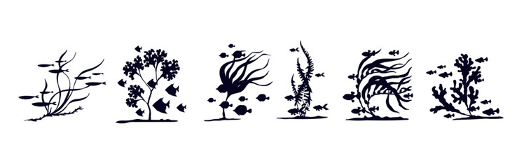 Set of silhouettes of schools of fish in seaweed.Vector graphics.