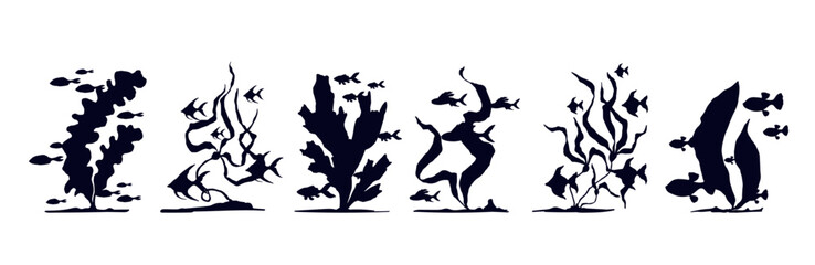Set of silhouettes of schools of fish in seaweed.Vector graphics.