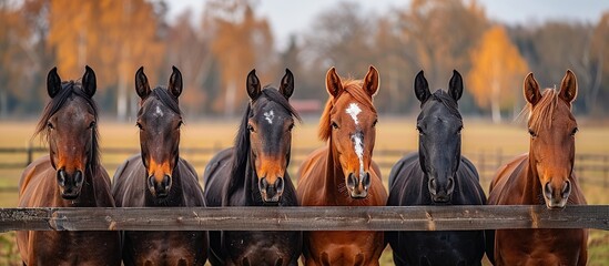 A close-up shot of rows of horses in a farm field behind a wooden fence.