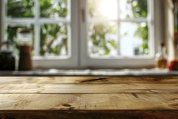 Fotobehang Wooden texture table top on blurred kitchen window background - generative ai © Nia™