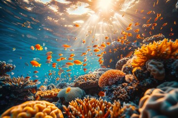 Fototapeta na wymiar A group of fish swim together above a colorful coral reef in an aquarium setting.