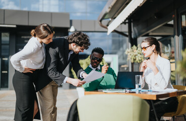 Multiethnic business associates discussing sales, marketing, and strategies for growth during an outdoor meeting at a coffee bar.