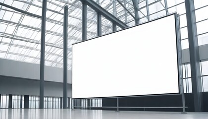 A large, empty white billboard or advertisement display in a modern glass and steel building interior