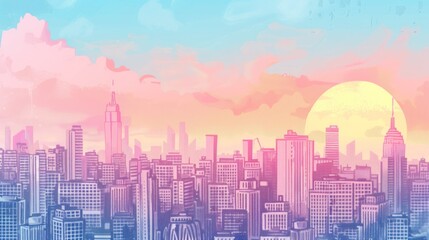 Illustration hand drawn cityscape cartoon on pastel color background. AI generated image