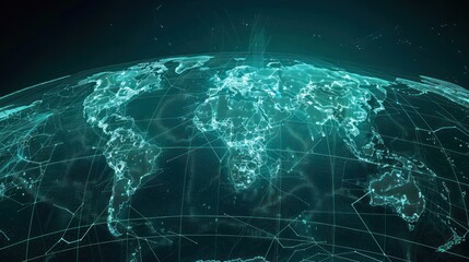 Futuristic digitally connection world map in wireframe style. AI generated image