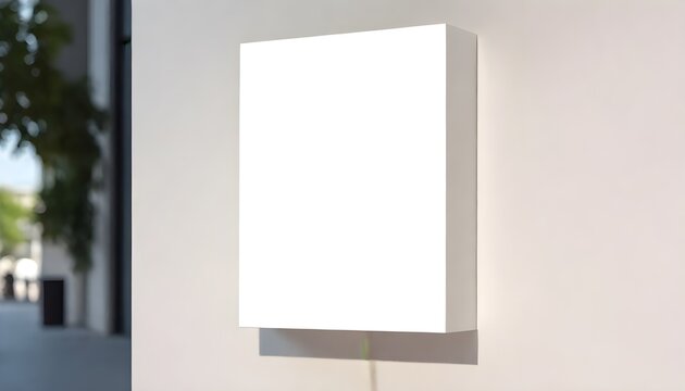 A white rectangular wall-mounted cabinet or display box with a blank white surface against a blurred background