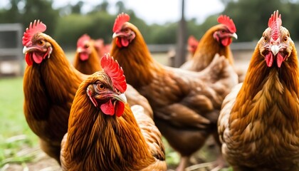 A group of brown chickens with red combs and wattles in a farm setting - obrazy, fototapety, plakaty