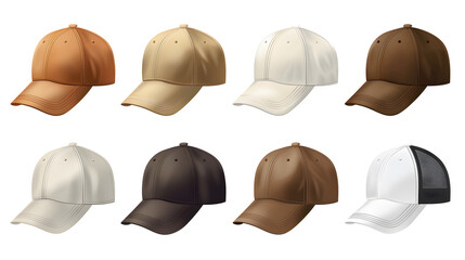 men and boys baseball caps in different brown and white colors and casual style, isolated on white png transparent background