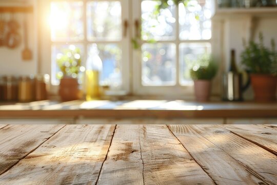 Wooden texture table top on blurred kitchen window background - generative ai