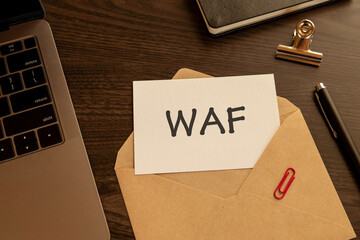 There is word card with the word WAF. It is an abbreviation for Web Application Firewall as eye-catching image.