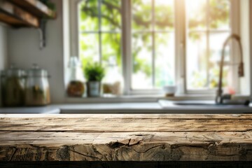 Fototapeta na wymiar Wooden texture table top on blurred kitchen window background - generative ai