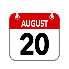 20 August, calendar date icon on white background.