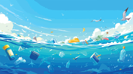 Fototapeta na wymiar Plastic pollution trash on sea surface with differe