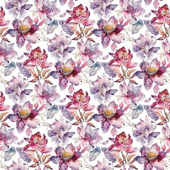 Thai Yard Thip flowers and leaves, Thai Yard Thip flowers, watercolor seamless fabric pattern. Art, culture, handicrafts, very beautiful, textile background