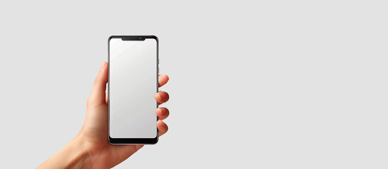 Front view close-up a hand holding smartphone with blank screen and black frame isolated on white background.