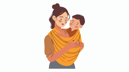Mother hugging child in baby sling. Mom carrying little child