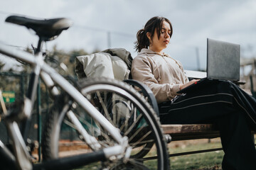 A young girl sits relaxed on a park bench, absorbed in her laptop with her bicycle beside her,...