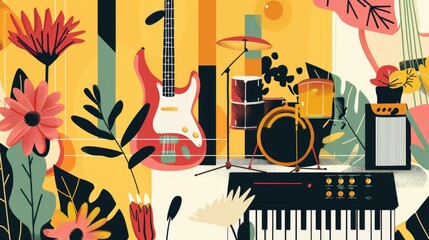 Vibrant Music Festival Illustration with Instruments and Florals - obrazy, fototapety, plakaty