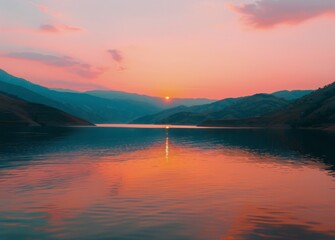 Fototapeta premium Sunset Over Lake With Mountains in Background