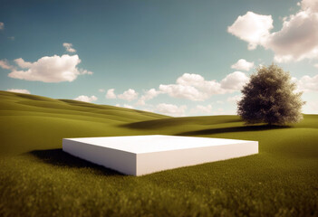 'Nature background podium illustration minimal rendering White concept sky 3D grassland blue green...