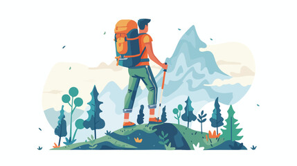 Mountain hiking flat vector illustration. Backpacker