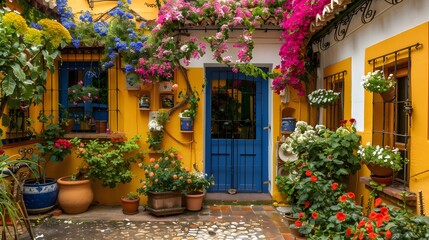 Fototapeta na wymiar Flowers Decoration of Vintage Courtyard, typical house in Cordoba - Spain, European travel 