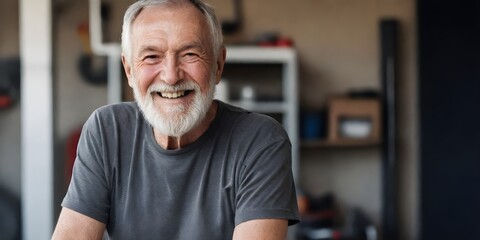 Middle-aged Caucasian man with short dark hair and a beard face, wearing a gray t-shirt and smiling in a workshop