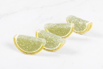 Jelly Marmalade "Lime slices". Close-up. White background	