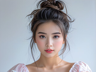 Dreamy Messy Bun Hairstyle for Young Women, Pastel Beauty Messy Bun Hairdo, Effortless Charm Young Lady's Messy Bun Style, Stunning Messy Bun Beauty in Pastel Background