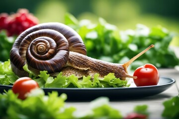 'salatblatt schnecke slug varmint counteract spanish red homelike nature animal snail garden pest control slow feeler crawl free' - obrazy, fototapety, plakaty