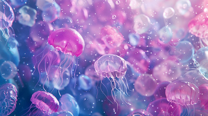 Abstract sea background with many pink jellyfish