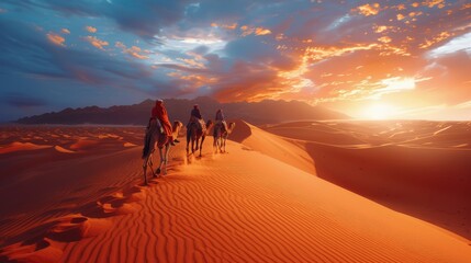 Fototapeta na wymiar Group of People Riding Horses Across Desert