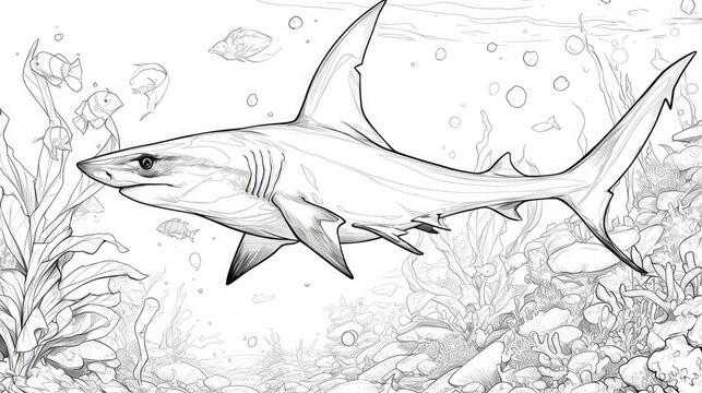 A captivating black and white 2d illustration featuring a cartoon thresher shark perfect for a coloring book set in the enchanting underwater world