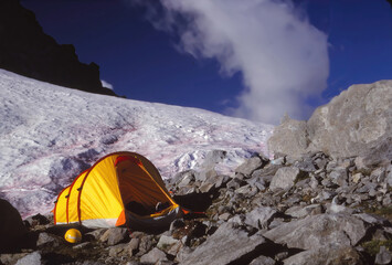 mountain camp with yellow tent