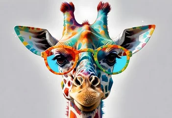 Gordijnen A colorful, whimsical giraffe wearing large, round sunglasses with a vibrant, patterned coat and a playful expression © nizar