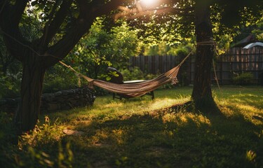 A Hammock Hanging in the Shade of a Tree