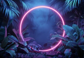 Blue Neon Circle Surrounded by Palm Trees