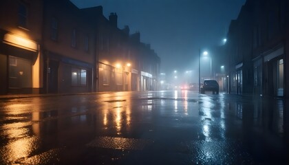 A rainy night in a small town, with blurred street lights and buildings reflected in the wet pavement. The scene has a moody, atmospheric feel