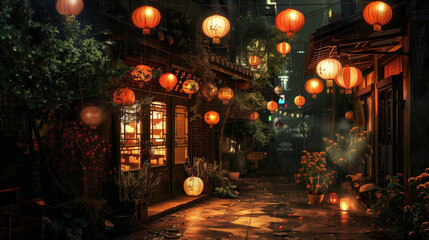 Beautiful evening street with lanterns during the rain