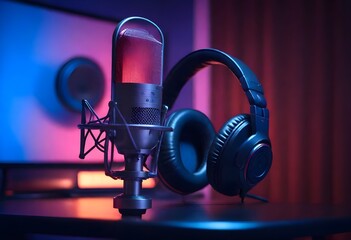 A professional microphone and headphones on a desk in a recording studio, with colorful lighting creating a moody atmosphere - obrazy, fototapety, plakaty