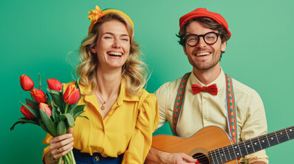 
Joyful Duo with Music and Flowers: A Lively Scene in Vibrant Colors - Powered by Adobe