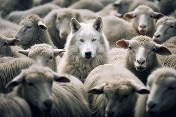 Wolf in the middle of a pack of sheep