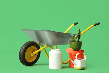 Plants gardening tools and wheelbarrow on green background