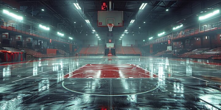 A basketball court featuring a hoop in the center, ready for players to shoot hoops and practice their skills. - Powered by Adobe