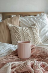 Fototapeta na wymiar Pink Cup on Bed Next to Pillows
