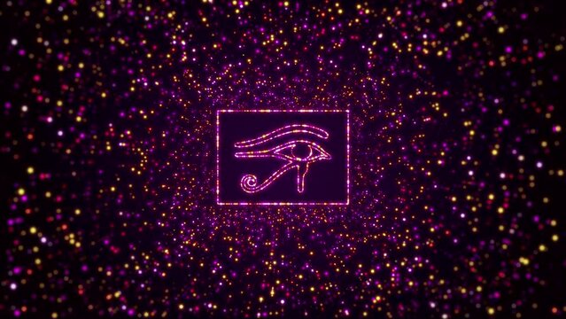 Digital Space Dark Shiny Purple Yellow Glowing Wedjat Ancient Egypt Symbol Inside Rectangular Border Frame With Glitter Sparkle Dots And Lines