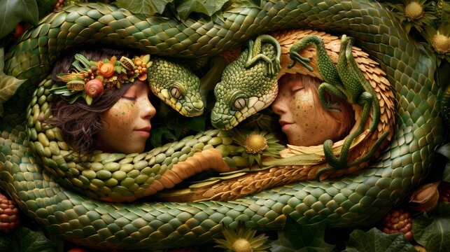 A surreal painting depicting two women surrounded by a writhing mass of green snakes, embodying elements of biblical characters and the story of Adam and Eve.