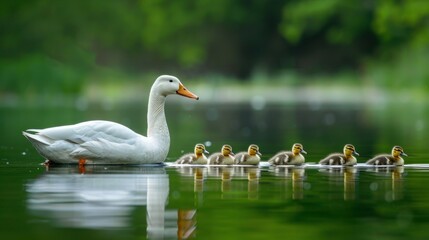 Obraz premium BEAUTIFUL duck with her ducklings on a calm lake at dawn in high resolution and quality