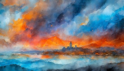 An alcohol ink mosaic depicting stormy skies at sunset, with swirling grays and dark blues 