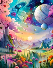 A serene fantasy planet painted in soft pastel hues, featuring a detailed